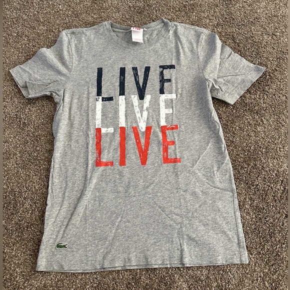 Lacoste short sleeve gray T-shirt ‘live live live’ red, white, & blue medium - Picture 2 of 13